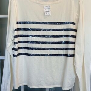 J.Crew Sequin Stripe Long Sleeve Tee Ivory Navy Size XL